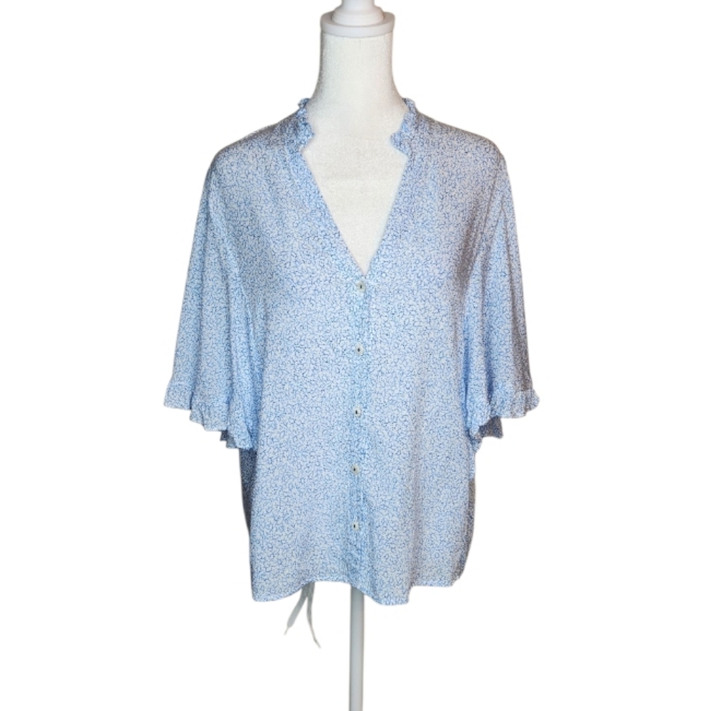 Maeve By Anthropologie Blue Floral Button Down Top with Flutter Sleeves Small